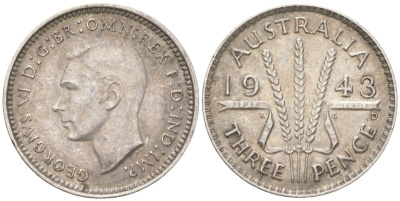 Австралия 3 пенса 1943 D, Георг V (1936-1952) KM 37 серебро 4621-1154