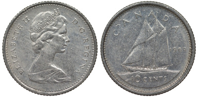 Канада 10 центов 1969 парусник, Елизавета II (1952-) KM 77.1 никель 4124-511