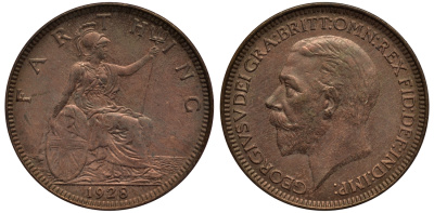 Великобритания 1 фартинг 1928 Георг V (1910-1936) KM 825, Spink 4061 бронза UNC 4114-742