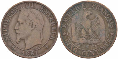 ФРАНЦИЯ 5 САНТИМОВ 1861 BB, НАПОЛЕОН III (1852-1870) KM 797.2, LE FRANC 117.3 бронза 108-455