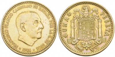 ИСПАНИЯ 1 ПЕСЕТА 1966 (72) ФРАНСИСКО ФРАНКО ДИКТАТОР ИСПАНИИ (1939-1975) КМ 796 алюминиевая бронза 87-1454