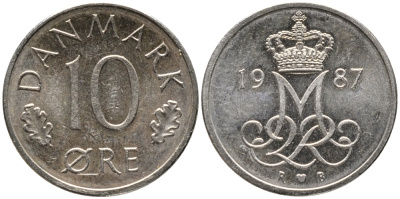 Дания 10 эре 1987 R; B, Маргрете  II (1972-2024) KM 860.3 медно-никель 100-727