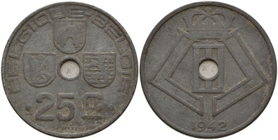 Бельгия 25 сантимов 1942 Belgique - Belgie, германская оккупация, вторая мировая война KM 131 цинк 4150-811