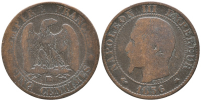 Франция 5 сантимов 1856 BB, Наполеон III (1852-1870) KM 777.3, LA FRANC 116.32 бронза 34-423