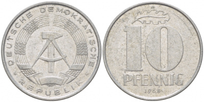 ГДР 10 пфеннигов 1968 А KM 10 алюминий 77-812