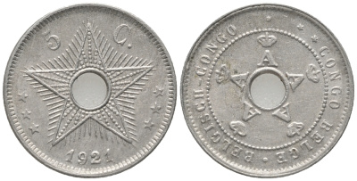 Бельгийское Конго 5 сантимов 1921 KM 17 медно-никель 100-769