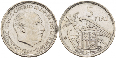 Испания 5 песет 1957 (75) Франциско Франко (1939-1975) KM 786 медно-никель 4402-1232