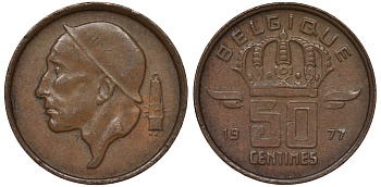 Бельгия 50 сантимов 1977 Belgique KM 148 бронза 4124-545