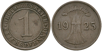 Германия 1 рейхспфенниг 1925 A KM 37, J. 313 бронза 4189-1115