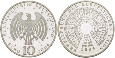 ФРГ 10 евро 2004 G, расширение Евросоюза KM 231, DE.S 10.14 серебро PROOF 413-6431