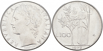 Италия 100 лир 1979 R, Афина в доспехах KM 96.1 нержавеющая сталь 3855-824
