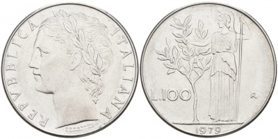 Италия 100 лир 1979 R, Афина в доспехах KM 96.1 нержавеющая сталь 3855-824