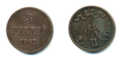 РОССИЯ ДЛЯ ФИНЛЯНДИИ 5 ПЕННИ 1867 АЛЕКСАНДР II KM 4.1, Биткин 659 медь 4381-413