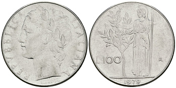Италия 100 лир 1979 R, Афина в доспехах KM 96.1 нержавеющая сталь 81-612