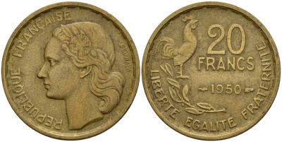 Франция 20 франков 1950 B, Петух KM 917.1 алюминиевая бронза 4159-931