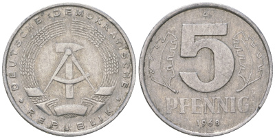ГДР 5 пфеннигов 1968 А KM 9.1 алюминий 4625-145