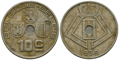 Бельгия 10 сантимов 1938 Belgique - Belgie KM 112 никель латунь 4121-256