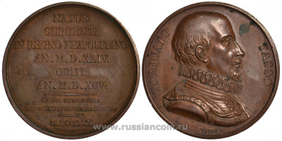 Франция медаль XIX век Торквато Тассо, поэт (Torquato Tasso), d 41 mm, вес 35,7 гр бронза 00-00