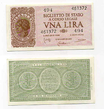 Италия 1 лира 1944 23 ноября 1944, подпись BoLaffi, CavalLaro, Giovinco Pick 29b, Grapanzano BS 8 бумага aUNC 000-00-00