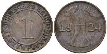 Германия 1 рентенпфенниг 1924 D KM 30, J. 306 бронза 4549-441