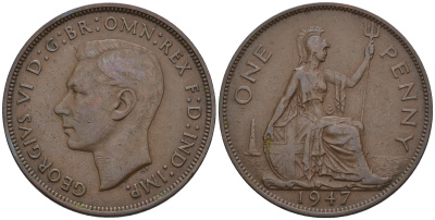 Великобритания 1 пенни 1947 Георг VI (1936-1952) KM 845, Spink 4114 бронза 4607-1132