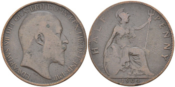 Великобритания 1/2 пенни 1904 Эдуард VII (1901-1910) KM 793.2, Spink 3991 бронза 175-152