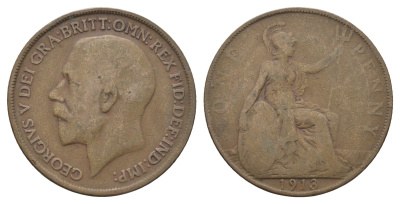 Великобритания 1 пенни 1913 Георг V (1910-1936) KM 810, Spink 4051 бронза 4661-522