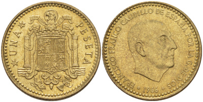 ИСПАНИЯ 1 ПЕСЕТА 1966 (72) ФРАНСИСКО ФРАНКО ДИКТАТОР ИСПАНИИ ( 1939- 1975) KM 796 алюминиевая бронза 216-612