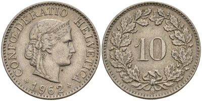Швейцария 10 раппенов 1962 B KM 27 медно-никель 4189-365