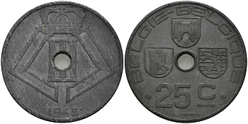 Бельгия 25 сантимов 1945 Belgie-Belgique, Леопольд III (1934-1947), германская оккупация KM 132 цинк 4171-655