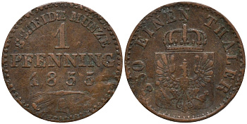 Пруссия 1 пфенниг 1855 A, Фридрих Вильгельм IV (1840-1861) KM 451 медь 4532-156