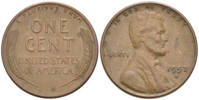 США 1 ЦЕНТ 1957 D, ЛИНКОЛЬН KM А132 медь цинк 218-1038