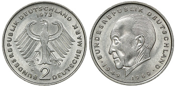 ФРГ 2 марки 1973 F, Конрад Аденауэр KM 124, J. 406 медно-никель плакированный никелем UNC 4681-1047