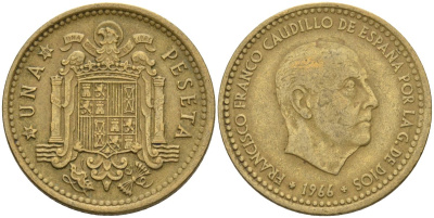 Испания 1 песета 1966 (69) Франсиско Франко (1939-1975) KM 796 алюминиевая бронза 4604-123