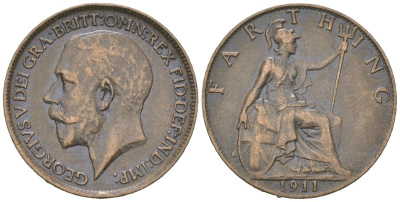 Великобритания 1 фартинг 1911 Георг V (1910-1936) KM 808.1, Spink 4059 бронза 4617-849