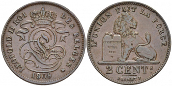 БЕЛЬГИЯ 2 САНТИМА 1909 BELGES KM 35.1 медь 110-211