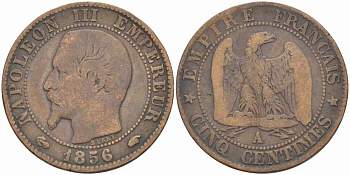 Франция 5 сантимов 1856 A, Наполеон III (1852-1870) KM 777.1, Le Franc 116.30 бронза 108-431