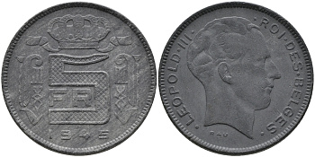 Бельгия 5 франков 1945 Belges, Леопольд III (1934-1947), германская оккупация KM 129.1 цинк 3461-211