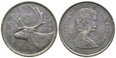 Канада 25 центов 1988 Елизавета II (1952-2022), олень KM 74 никель 4681-812