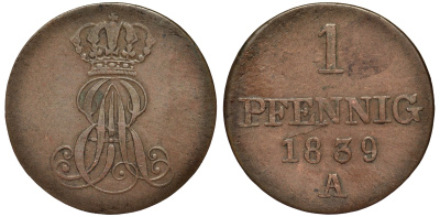 Ганновер 1 пфенниг 1839 A, Эрнст Август (1837-1851) KM 173.1, AKS 126, J. 54 медь 75-1135