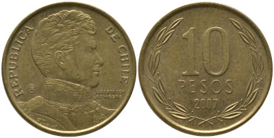 Чили 10 песо 2007 So KM 228.2, Schon 82 алюминиевая бронза 4544-814