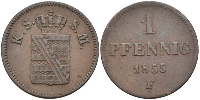 Саксония 1 пфенниг 1855 F, Johann (1854-1873) KM 1184 медь 4585-733