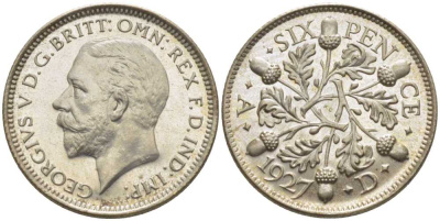 Великобритания 6 пенсов 1927 Георг V (1910-1936), четвертый выпуск, тираж 15000 экземпляров KM 832, Spink 4040 серебро  PROOF 00-802-31