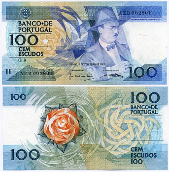 ПОРТУГАЛИЯ 100 ЭСКУДО 1987 12 ФЕВРАЛЯ 1987, ФЕРНАНДО ПЕССОА ПОРТУГАЛЬСКИЙ ПОЭТ Pick 179b бумага аUNC 7486-20-2-2