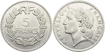 Франция 5 франков 1933 KM 888, Le Franc 336 никель 4389-1112
