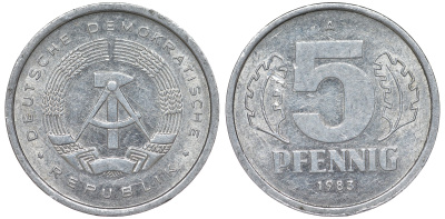 ГДР 5 ПФЕННИГОВ 1983 A КМ 9.2 алюминий 62-456