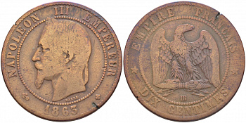 Франция 10 сантимов 1863 BB, Наполеон III (1852-1870) KM 798.2, Le Franc 134.9 бронза 3460-924