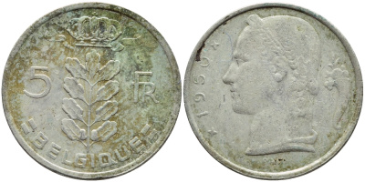 БЕЛЬГИЯ 5 ФРАНКОВ 1950 BELGIQUE KM 134.1 медно-никель 4395-515