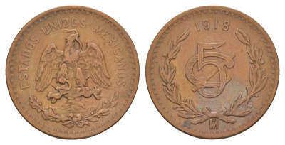 Мексика 5 сентаво 1918 KM 422 бронза 1518-431