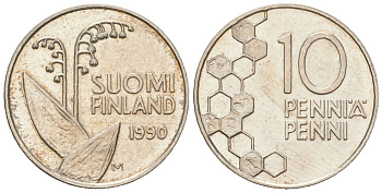 Финляндия 10 пенни 1990 M KM 65 медно-никель aUNC 99-1039